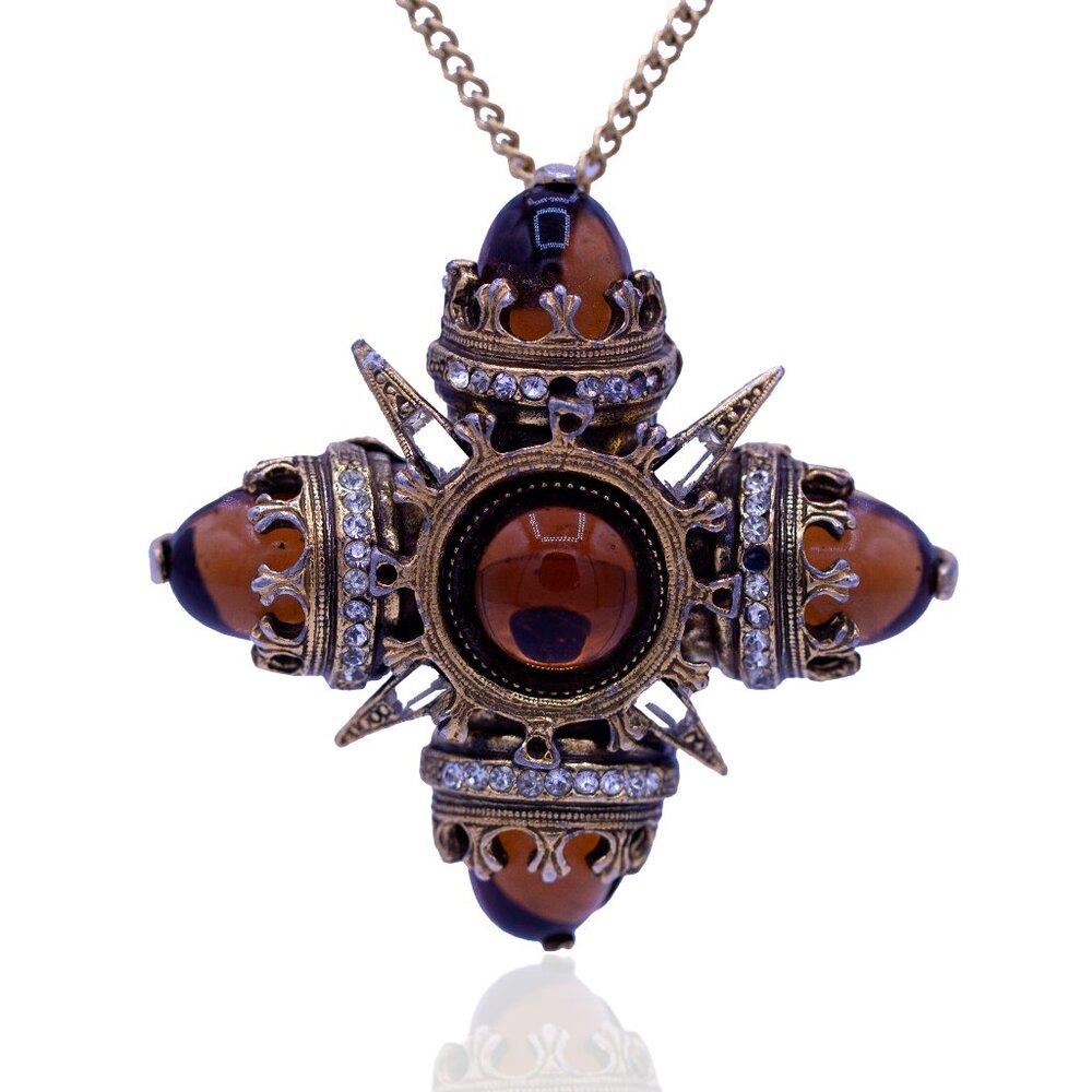 Vintage Designer Benedikt NY Signed Maltese Cross Pendant Brooch, Amber Cabochon